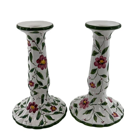 VTG RC & CLPorcelain Candlesticks Portugal Handpainted Flowers Vines - Picture 2 of 10
